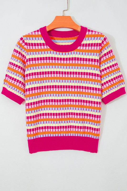Abstract Stripe Short Sleeve Sweater Knit Top