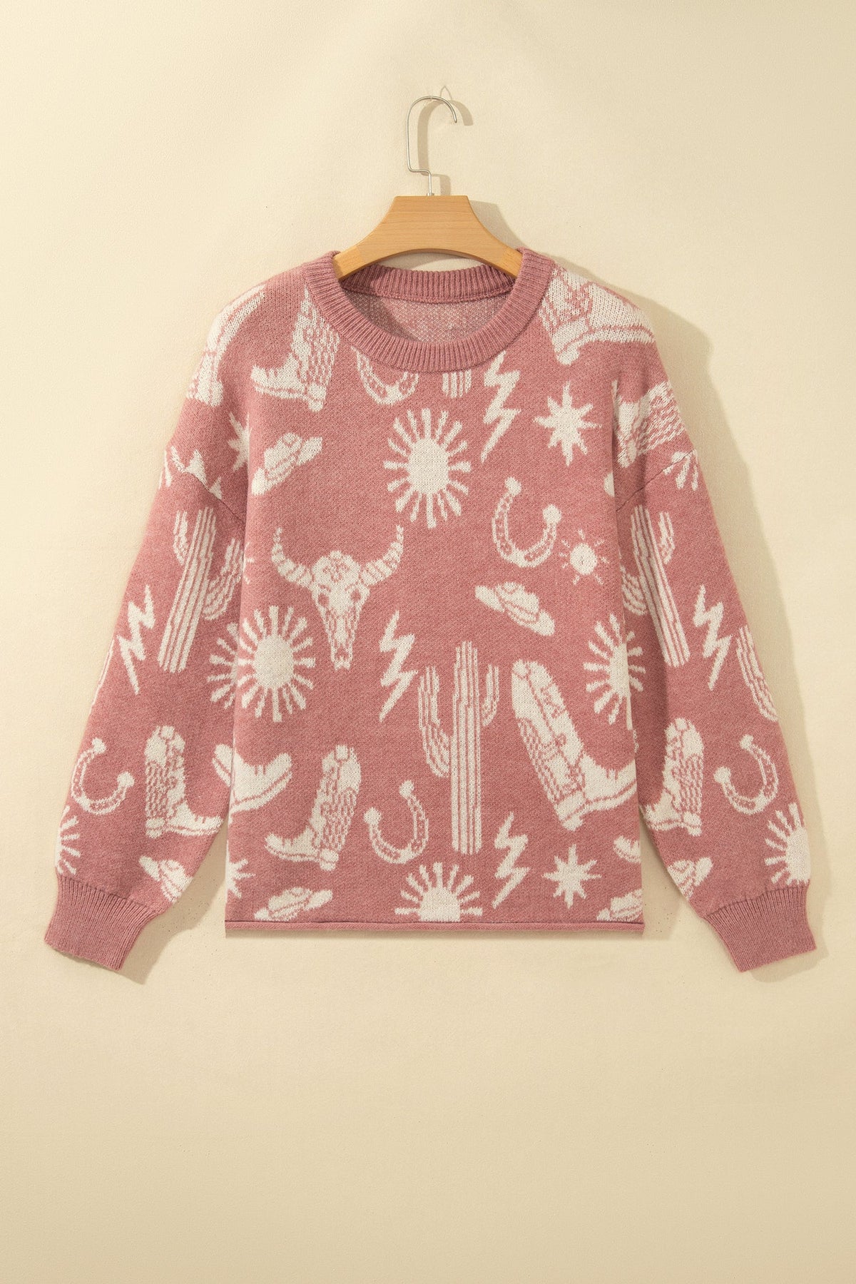 Peach Blossom Western Print Drop Shoulder Round Neck Long Sleeve Sweater