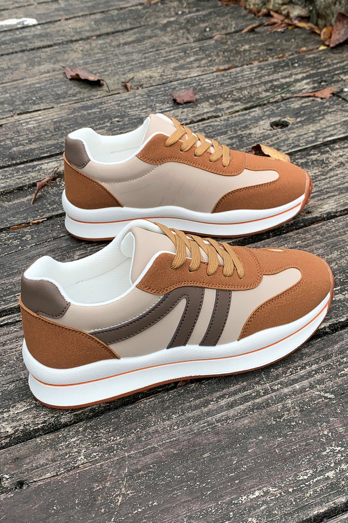 Brown Varsity Color Block Patchwork Lace-up PU Leather Sneakers