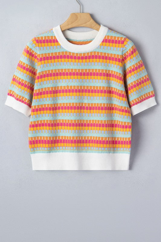 Abstract Stripe Short Sleeve Sweater Knit Top