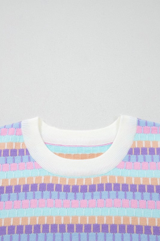 Abstract Stripe Short Sleeve Sweater Knit Top