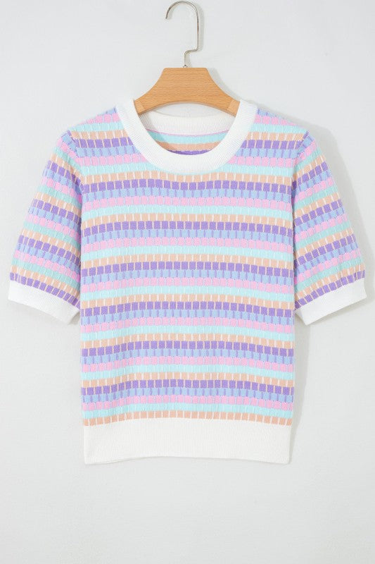 Abstract Stripe Short Sleeve Sweater Knit Top