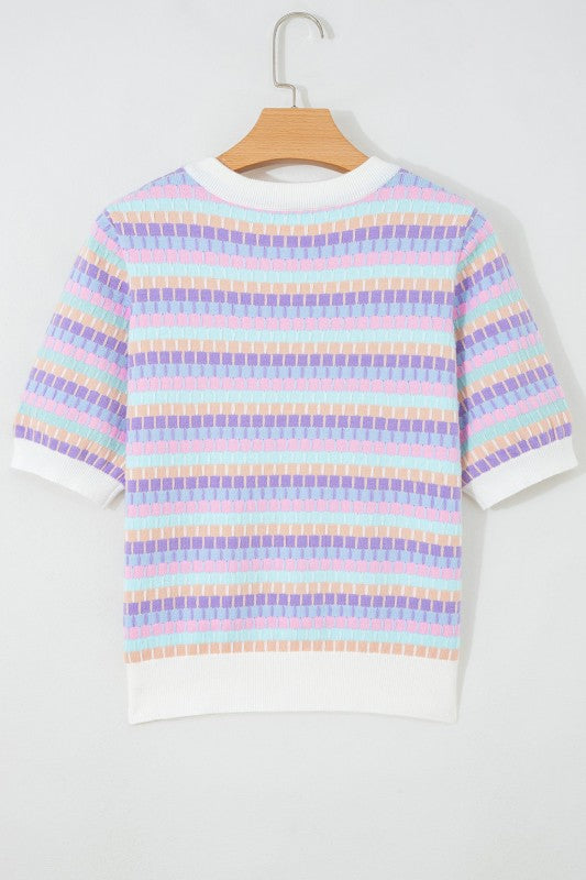 Abstract Stripe Short Sleeve Sweater Knit Top