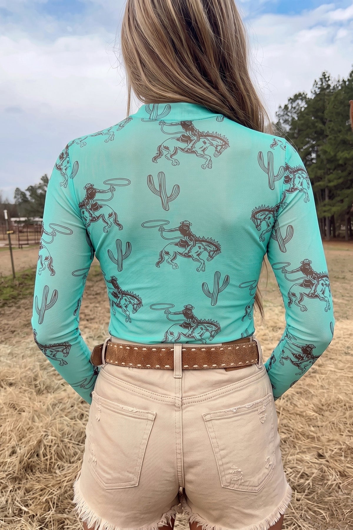 Turquoise Western Mesh Top